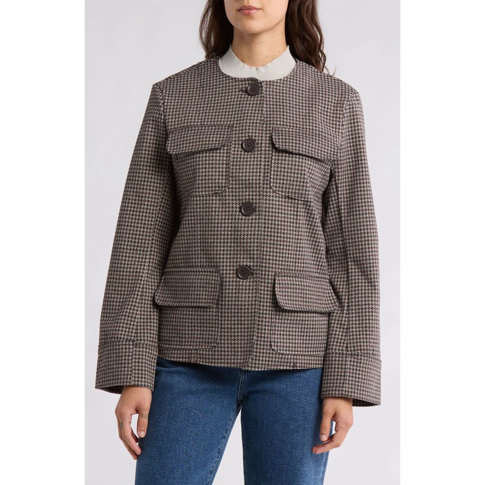 Max Studio Houndstooth Brushed Knit Field Jacket Women's Large Brown Black